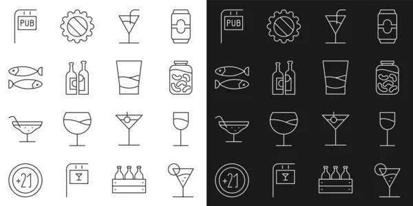 Set line Martini glass, Wine, Pickled cucumbers jar, Cocktail, Bottles of wine, Dried fish, Street signboard with Pub and Glass vodka icon. Vector — Vector de stock