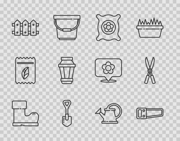 Set line Waterproof rubber boot, Hand saw, Pack full seeds plant, Shovel, Garden fence wooden, light lamp, Watering can and Gardening handmade scissors icon. Vector — Vettoriale Stock