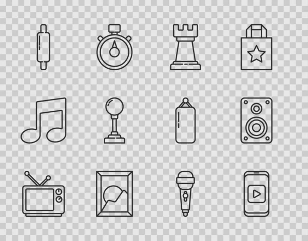 Set line Retro tv, Online play video, Business strategy, Picture landscape, Rolling pin, Joystick for arcade machine, Microphone and Stereo speaker icon. Vector — Stockvektor