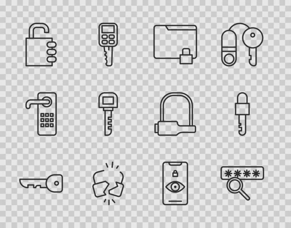 Установочный ключ, защита паролем, папка и замок, сломанный треснувший ключ, комбинация Safe, сканирование Eye и иконка Locked ключа. Вектор — стоковый вектор
