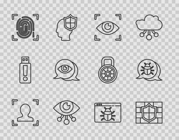 Set line Face recognition, Shield with brick wall, Eye scan, Fingerprint, System bug and icon. Vector — Vettoriale Stock