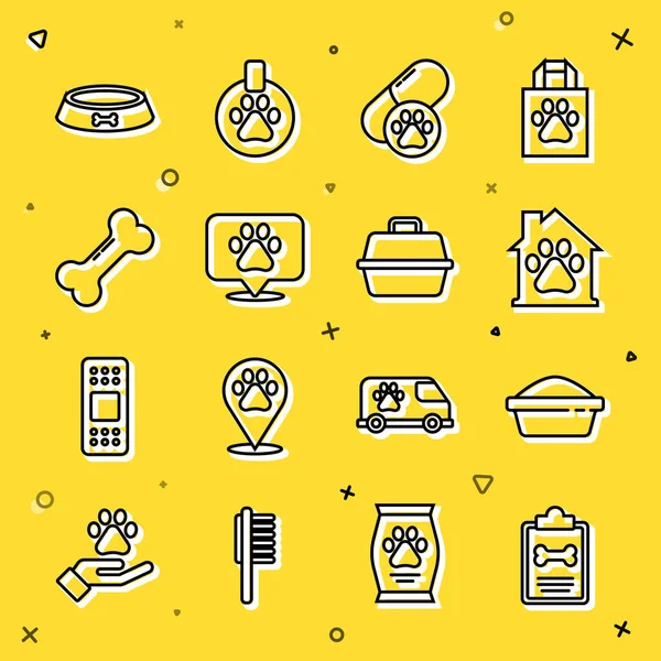 Set line Clinical record pet, Pet food bowl, house, Dog pill, Location veterinary, bone, and carry case icon. Vector — ストックベクタ