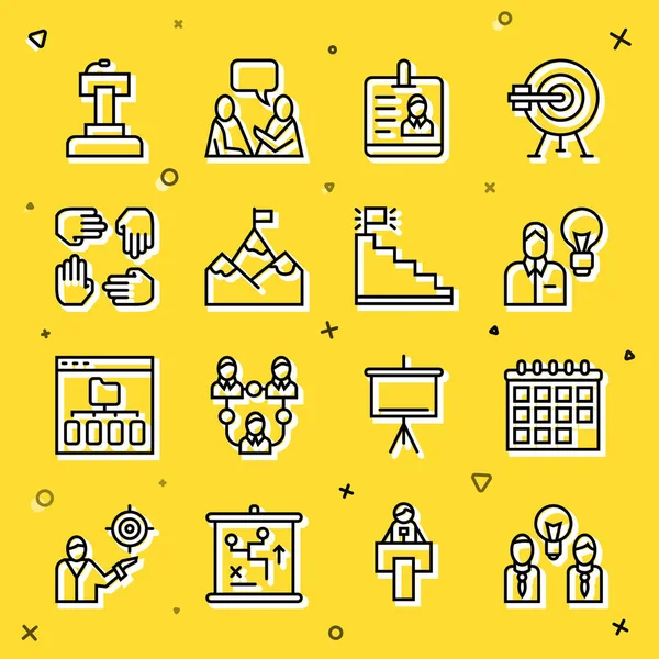 Ampul, takvim, insan, kimlik kartı, dağ bayrağı, proje ekibi üssü, sahne standı ya da tribün ve merdiven bitiş ikonu olan insanları sıraya dizin. Vektör