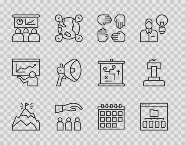 Bayrak, Tarayıcı dosyaları, Proje ekibi üssü, Patron çalışanı, Eğitim, Sunum, Megaphone, Takvim ve Sahne Standı ya da Tribün simgesi olan çizgi dağlarını ayarla. Vektör