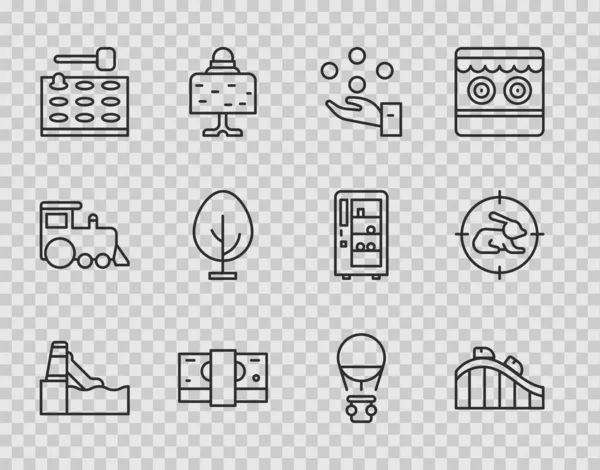 Set line Water slide, Roller coaster, Juggling ball, Stacks paper money cash, Arcade game machine, Tree, Hot air balloon and Hunt rabbit with crosshairs icon. Vector — Image vectorielle