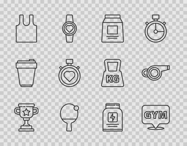 Set line Award cup, Location gym, Nutrición deportiva, Raqueta y pelota, Camiseta sin mangas, Heart in the center stopwatch, y Whistle icon. Vector — Archivo Imágenes Vectoriales