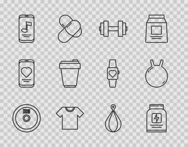 Ağırlık tabağı, spor beslenmesi, Dumbbell tişörtü, müzik çalar, fitness karıştırıcı, kum torbası ve Kettlebell ikonu. Vektör