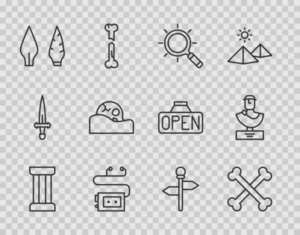 Set line Ancient column, Crossed human bones, Magnifying glass, Museum audio guide, Stone age arrow head, Human skull, Road traffic signpost and bust sculpture icon. Vector — 스톡 벡터