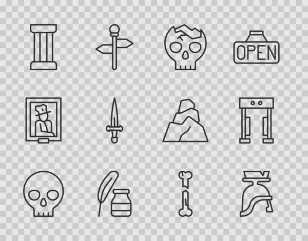Set line Human skull, Roman army helmet, Broken human, Feather and inkwell, Ancient column, Dagger, broken bone and Metal detector icon. Vector — Stock Vector