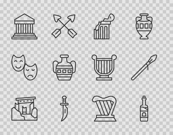 Set line Ancient ruins, Bottle of wine, Broken ancient column, Dagger, Parthenon, amphorae, Harp and Medieval spear icon. Vector — Image vectorielle