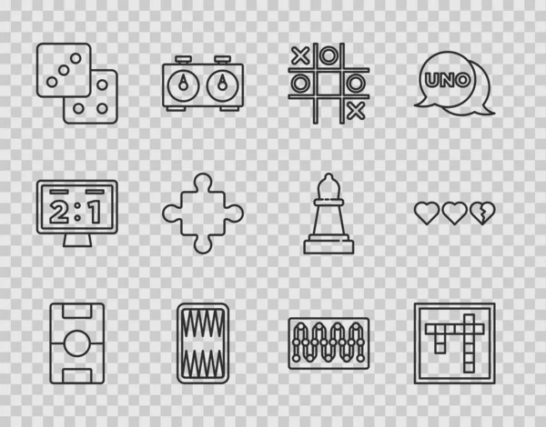 Set line Hockey table, Bingo, Tic tac toe game, Backgammon board, Game dice, Puzzle pieces toy, Board and Hearts for icon. Vector — Stockvector