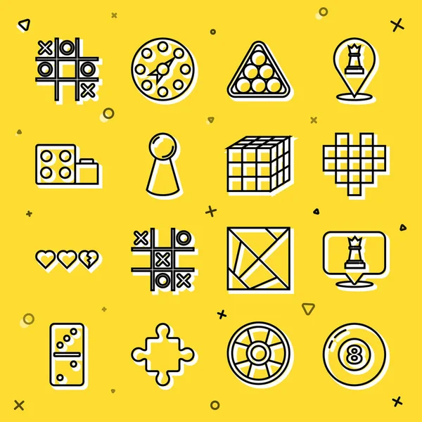 Çizgi bilardo bilardo topu, satranç, pikseldeki kalpler, üçgendeki toplar, çip tahtası, oyuncak yapı taşı tuğlaları, Tic tac toe ve Rubik küp simgesi. Vektör