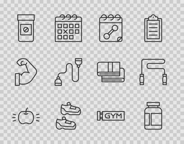 Set line Apple, Sports nutrition, Calendar fitness, sneakers, Anabolic drugs, Chest expander, Location gym and Jump rope icon. Vector — Archivo Imágenes Vectoriales