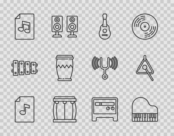 Set line Music book with note, Grand piano, Guitar, Drum, amplifier and Triangle icon. Vector — Stock Vector