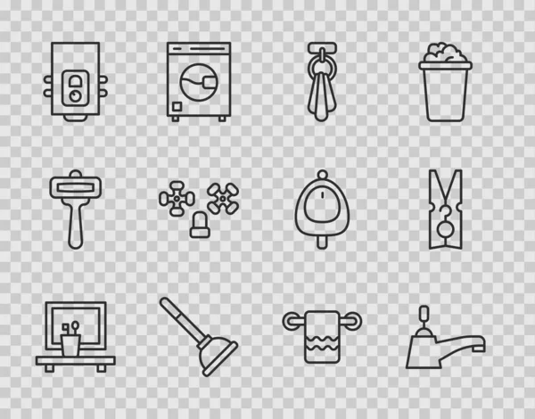 Set line Washbasin mirror, Water tap, Towel on hanger, Rubber plunger, Gas boiler, and Clothes pin icon. Vector — Vettoriale Stock