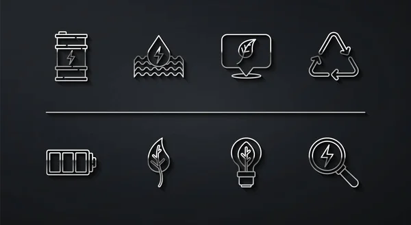 Set line Bio fuel barrel, Battery, Recycle symbol, Light bulb with leaf, Leaf or leaves, Water energy, Lightning bolt and Location icon. Vector — Stok Vektör