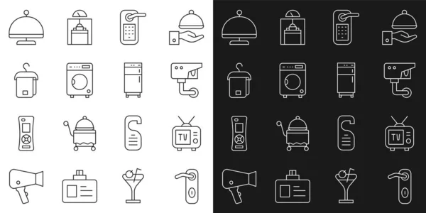 Set line Manija de la puerta, Retro tv, Cámara de seguridad, Cerradura de puerta digital, Lavadora, Toalla en percha, Cubierto con bandeja y el icono del refrigerador. Vector — Archivo Imágenes Vectoriales