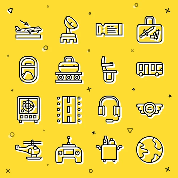 Hat dünya çapında, havacılık amblemi, havaalanı otobüsü, uçak bileti, bavullu taşıyıcı bant, uçak penceresi, uçak inişi ve koltuk ikonu. Vektör