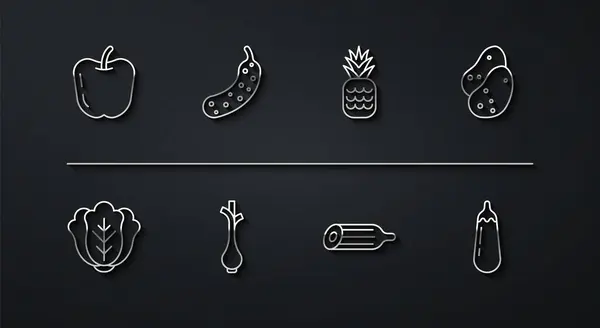 Set line Apple, Cabbage, Potato, Fresh cucumber, green onions, Eggplant and Pineapple icon. Vector —  Vetores de Stock