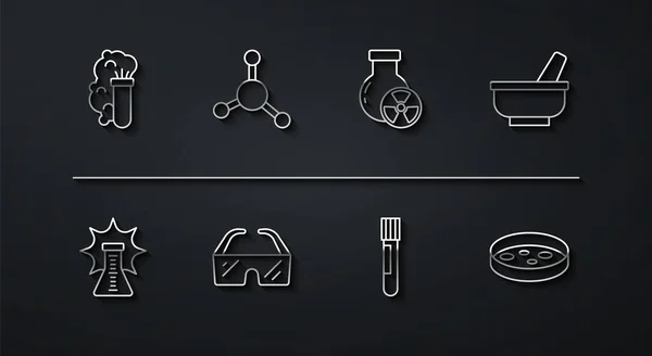 Set line Chemical explosion, Mortar and pestle, Test tube flask, Safety goggle glasses, Molecule, Petri dish with bacteria and radiation icon. Vector — ストックベクタ