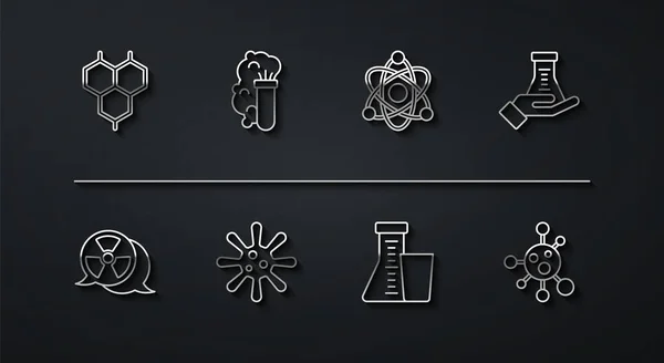 Chemical Formülü, Radyoaktif, Test tüpü ve matarası, Bakteri, Patlama, Molekül ve Atom ikonu. Vektör — Stok Vektör