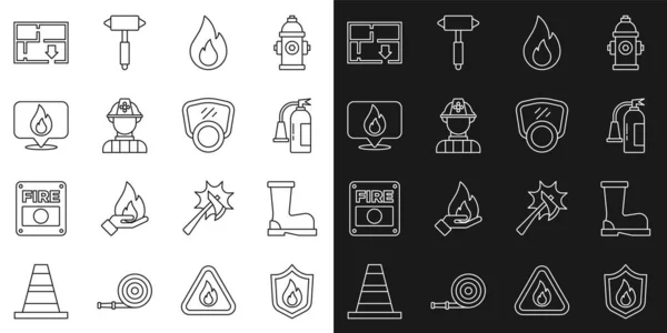 Set line Fire protection shield, boots, extinguisher, flame, Firefighter, Location with fire, Evacuation plan and Gas mask icon. Vector — ストックベクタ