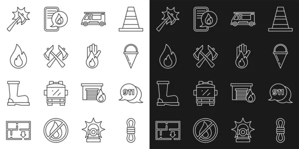 Set line Climber rope, Telephone call 911, Fire cone bucket, truck, Firefighter axe, flame, and No fire icon. Vector — Vetor de Stock