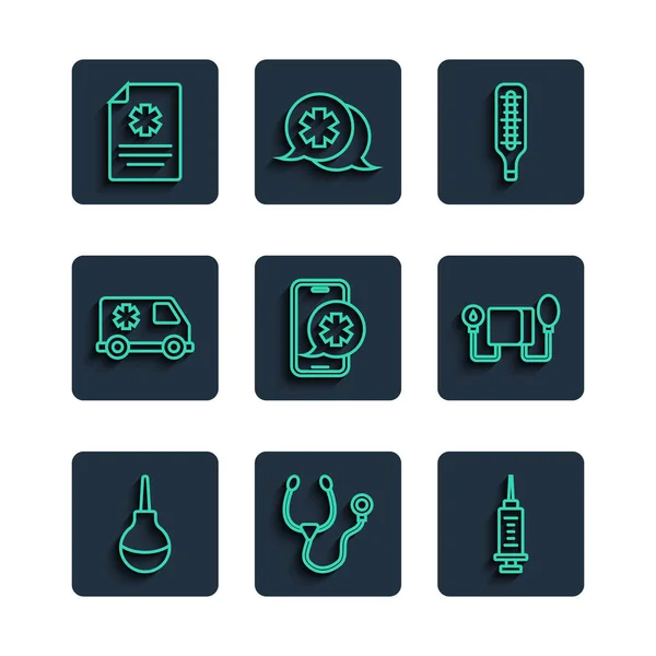 Set line Enema, Stethoscope, Syringe, Medical thermometer, Emergency phone call, car, Clinical record and Blood pressure icon. Vector — Stockvektor