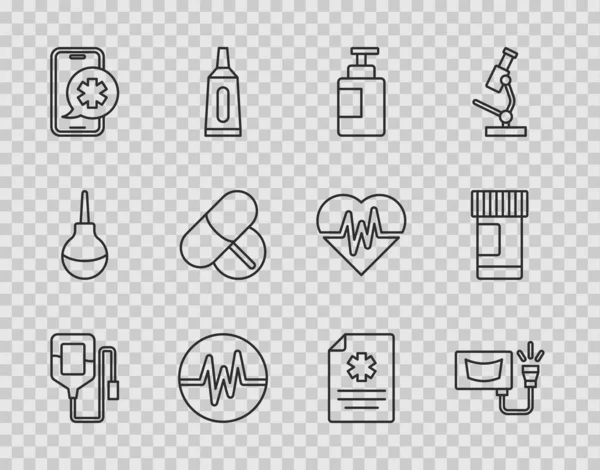 Serum torbası, ultrason, el dezenfektanı, kalp atışı, acil durum telefonu, ilaç hapı ya da tablet, klinik kaydı ve ilaç ikonu. Vektör — Stok Vektör