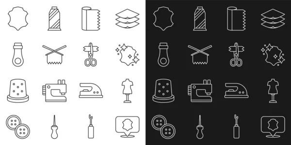 Set line Leather, Mannequin, Textile fabric roll, Knitting needles, Zipper, and Scissors icon. Vector — ストックベクタ
