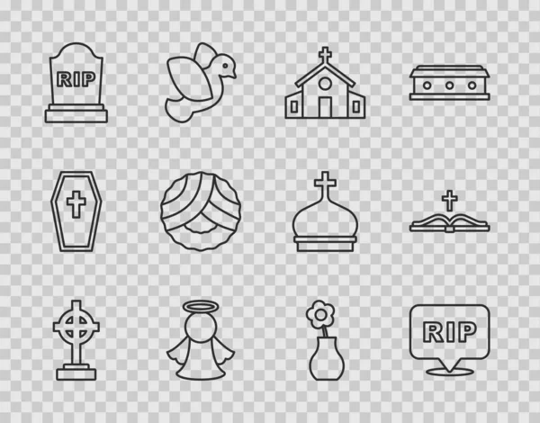 Set line Grave with cross, Speech bubble rip death, Church building, Angel, Tombstone RIP written, Memorial wreath, Flower vase and Holy bible book icon. Vector — Wektor stockowy