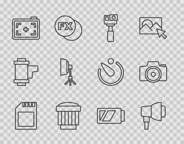 Set line SD card, Softbox light, Action camera, Camera photo lens, Photo, Battery for and icon. Vector — Stock Vector