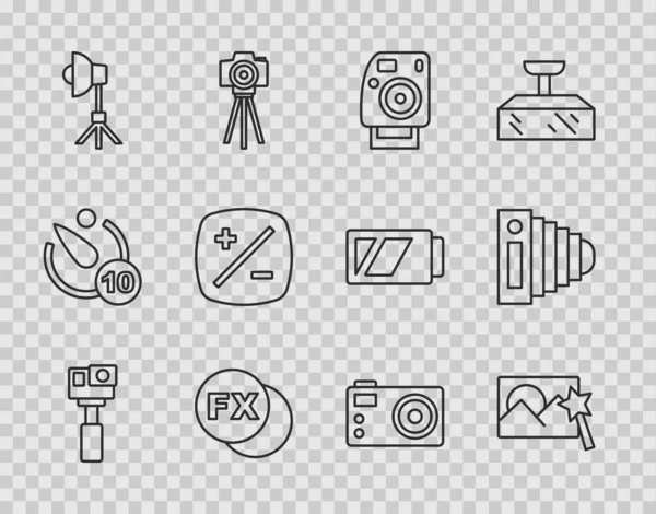 Set line Action camera, Photo retouching, fx, Softbox light, Exposure compensation, and icon. Vector — Stock Vector