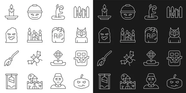Set line Pumpkin, Chocolate bar, Owl bird, Zombie hand, Burning candle, Funny scary ghost mask, and Tombstone with RIP written icon. Vector — Vetor de Stock