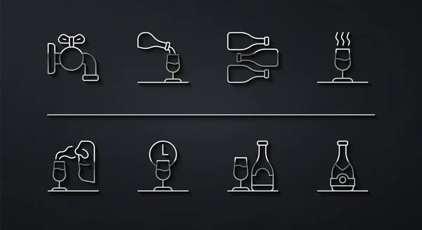 Set line Tap for a barrel, Sommelier, Wine tasting, degustation, bottle with glass, time, Champagne and Bottles of wine icon. Vector — Vetor de Stock