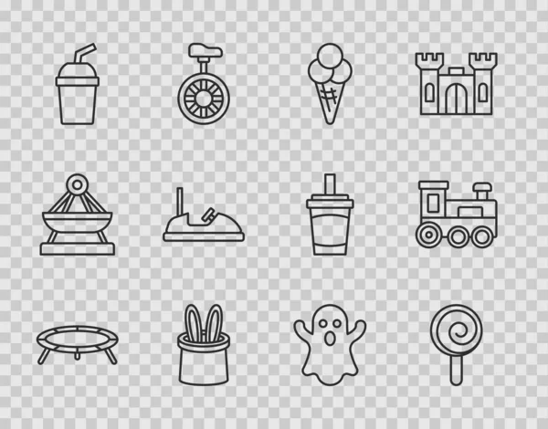 Set line Jumping trampoline, Lollipop, Ice cream waffle cone, Magician hat and rabbit ears, Paper glass with water, Bumper car, Ghost and Toy train icon. Vector — стоковый вектор