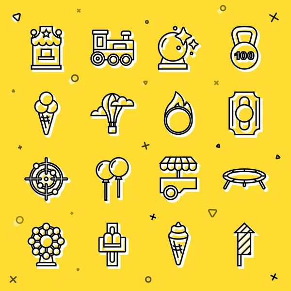 Firework roketi, trambolin, sirk bileti, sihirli top, sıcak hava balonu, dondurma külahı, bilet gişesi ve ateş çemberi ikonu. Vektör