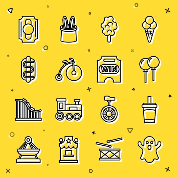 Hat Hayalet, su kaplı kağıt bardak, balon kurdelesi, pamuk şeker, klasik bisiklet, Hotdog sandviçi, sirk bileti ve ikon. Vektör