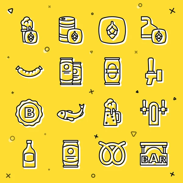 Bar, bira musluğu, hop, konserve, sosis, bir bardak bira ve ikon tabelaları. Vektör