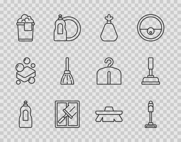 Bulaşık deterjanı şişesi, elektrikli süpürge, çöp torbası, pencereler için plastik poşet, köpüklü kova, süpürge fırça temizleme ve pompa ikonu. Vektör