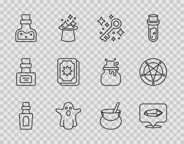 Set line Bottle with potion, Magic stone, Old magic key, Ghost, Tarot cards, Witch cauldron and Pentagram in circle icon. Vector — Stockvektor