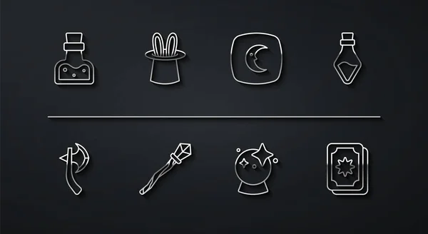 Set line Bottle with potion, Wooden axe, Magic ball, staff, Magician hat and rabbit ears, Tarot cards and Moon stars icon. Vector — Vettoriale Stock