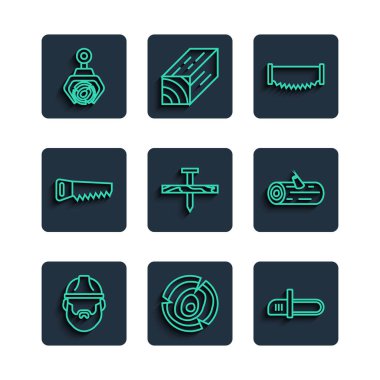 Lumberjack, tahta kütükler, testere, iki elli, metal çivi, El, Grapple vinç yakalandı ve ikon. Vektör