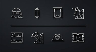 Hat dinamiti, altın madeni, kazma, madenci miğferi, inşaat matkabı, taş taşı ve giriş ikonu. Vektör