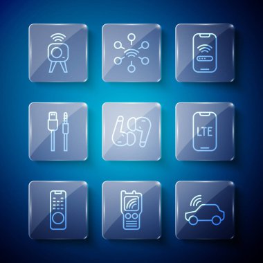 Set line Remote control, Walkie talkie, Smart car system, Mobile with wi-fi wireless, Air headphones, USB cable cord, Web camera and LTE network icon. Vector