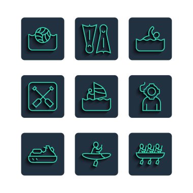 Jet ski, kano ve kürek, kano kürek takımı sporları, yüzücü, rüzgar sörfü, Paddle, sutopu ve Aqualung ikonu. Vektör