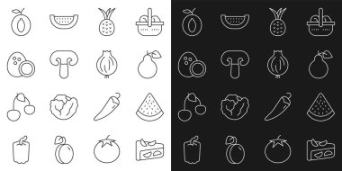 Ev yapımı meyve turtası, karpuz, armut, ananas, mantar, hindistan cevizi, erik ve sarımsak ikonu. Vektör