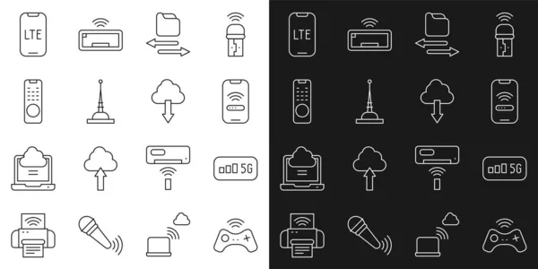 Set line Wireless gamepad, 5G wireless internet, Mobile with wi-fi, Transfer files, Antenna, Remote control, LTE network and Cloud download icon. Vector — Archivo Imágenes Vectoriales