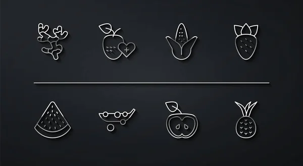 Set line Ginger root, Watermelon, Strawberry, Apple, Peas, Healthy fruit, Pineapple and Corn icon. Vector — ストックベクタ