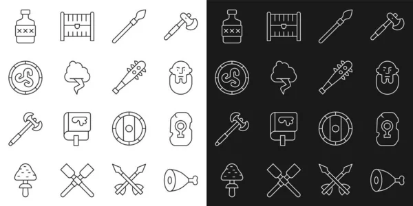 Set line Chicken leg, Magic rune, Viking head, Medieval spear, Cloud and lightning, Shield viking, Whiskey bottle and Mace with spikes icon. Vector — Stockový vektor